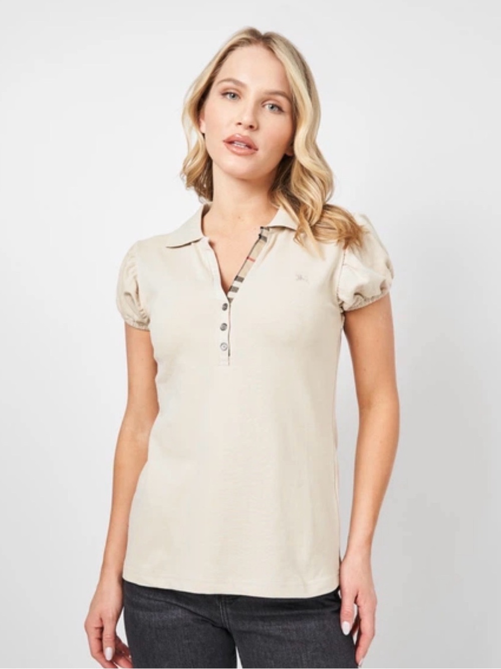 Burberry Cream Polo Top with Puff Sleeves